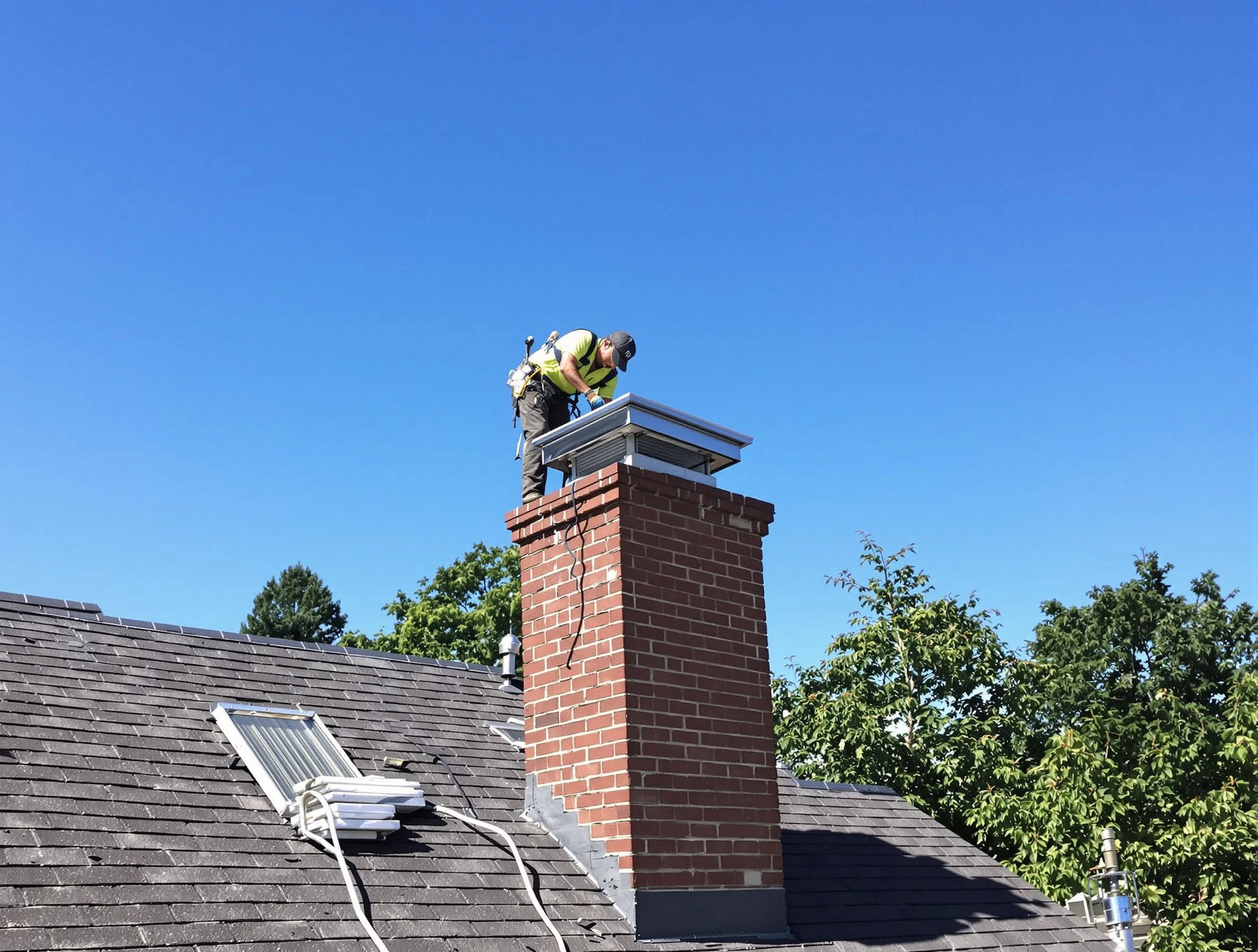Cecil Chimney Sweep technician measuring a chimney cap in Cecil, PA